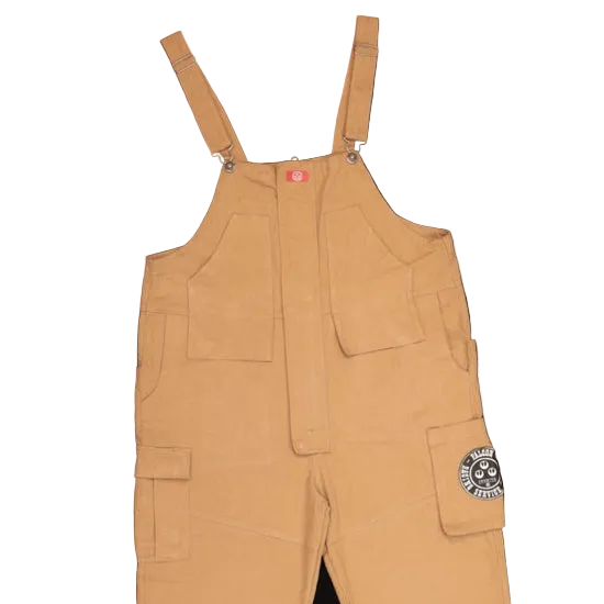 Tan overalls with a logo on a black background