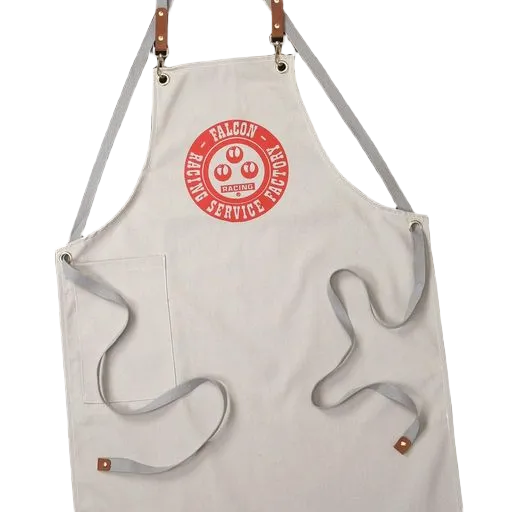 Beige apron with a red logo on a black background