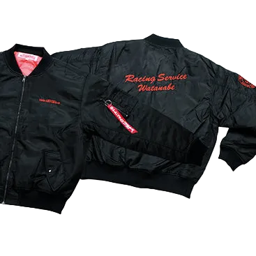 Two black jackets with red text on a gradient blue and white background