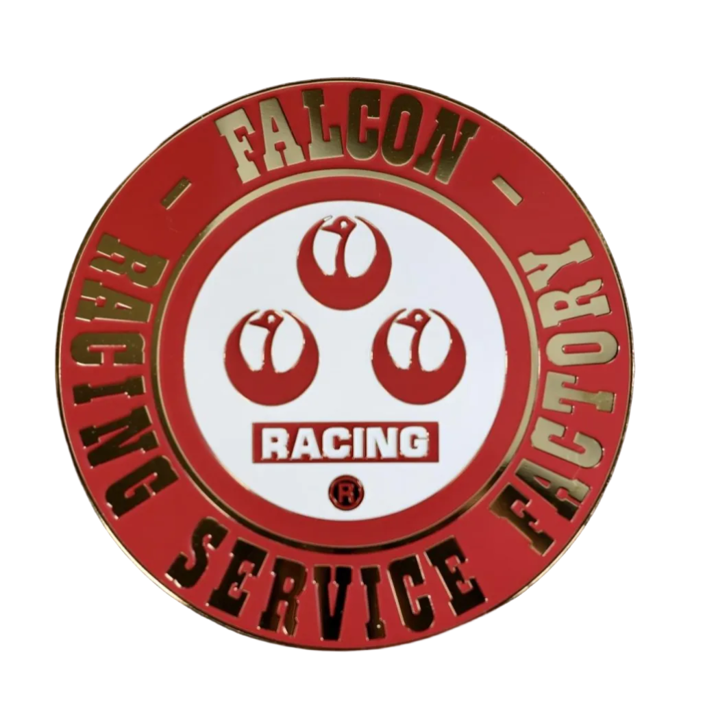 Round logo with 'Falcon Racing Service Factory' text and racing-themed design on a black background