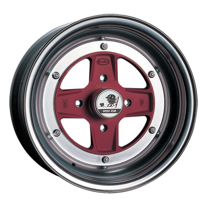 Car wheel rim with red center and chrome finish on a white background