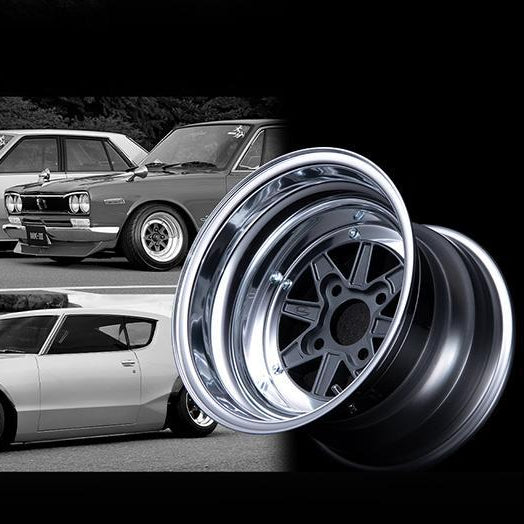 Metallic car rims with a collage of classic cars in the background