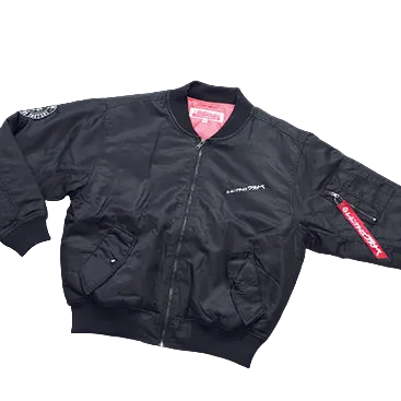 Black bomber jacket with visible branding on a black background